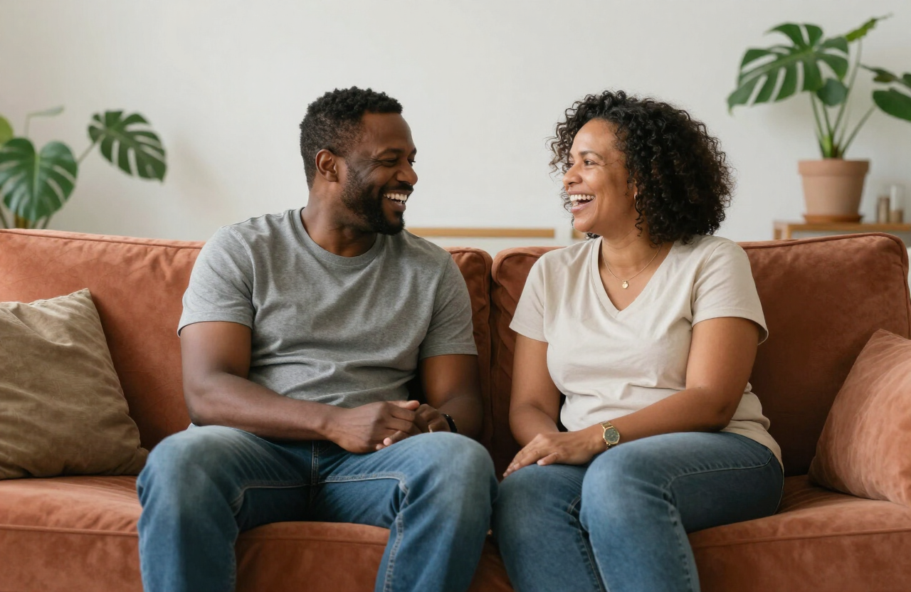 A relaxed couple laughing together at home