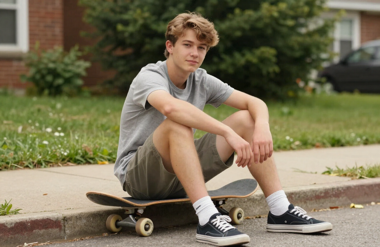 A teenager sitting outdoors with a skateboard