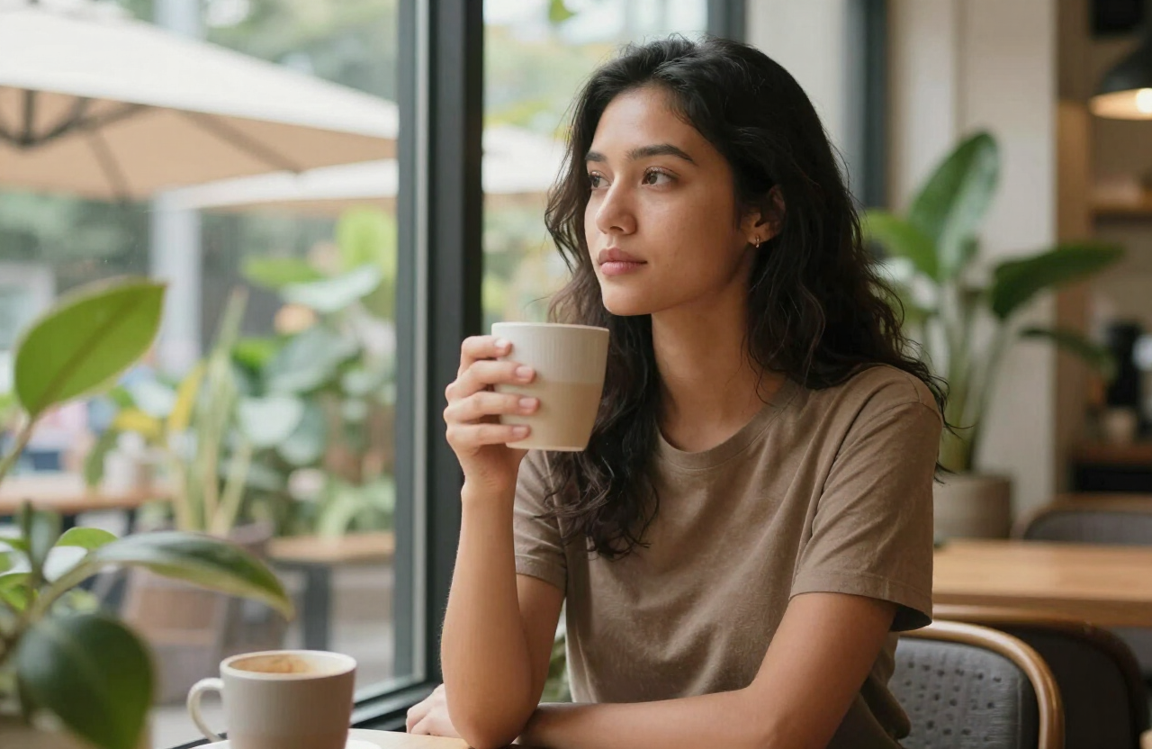 A woman sitting thoughtfully by a sunlit window